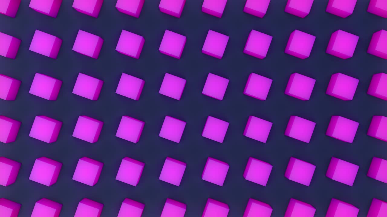 Seamlessly looped 3d animation of rotation of purple cubes on a dark blue background