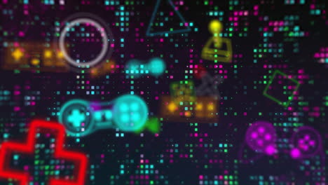 animación de iconos de juegos de neón sobre puntos de luz