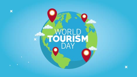 letras del día mundial del turismo con el planeta mundial y las ubicaciones de los alfileres