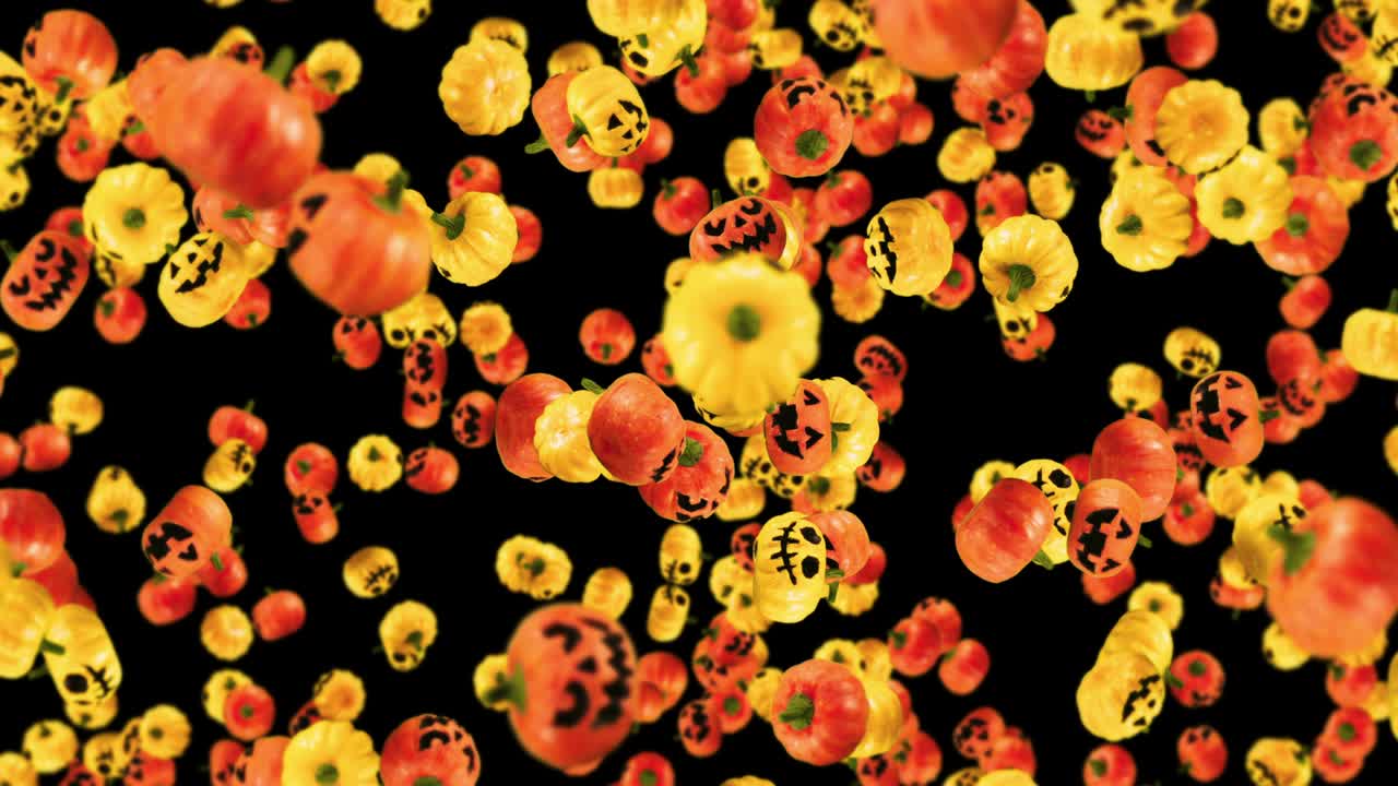 흑색 배경에 많은 오렌지색과 노란색 호박을 날아다니며, 미소와 함께 만화 얼굴, 할로윈 휴가에 대한 3d 애니메이션, 루프 애니메이션.