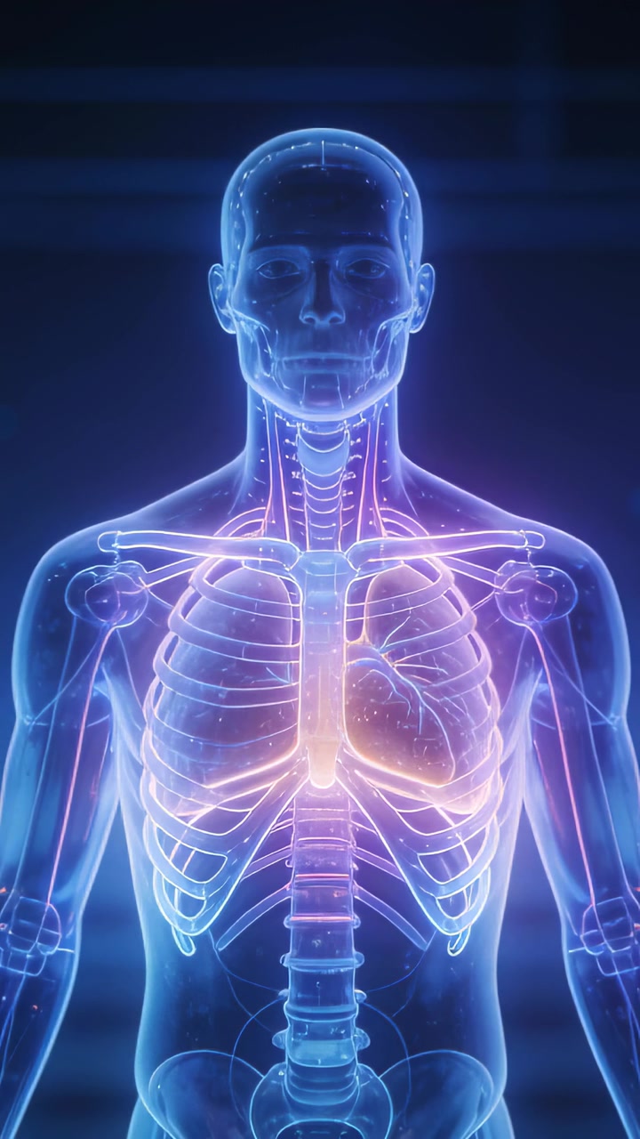 Video verticale: A ritmo di pulsazioni, ologramma pulsante del torso che mostra polmoni, vie aeree che respirano e punti in movimento