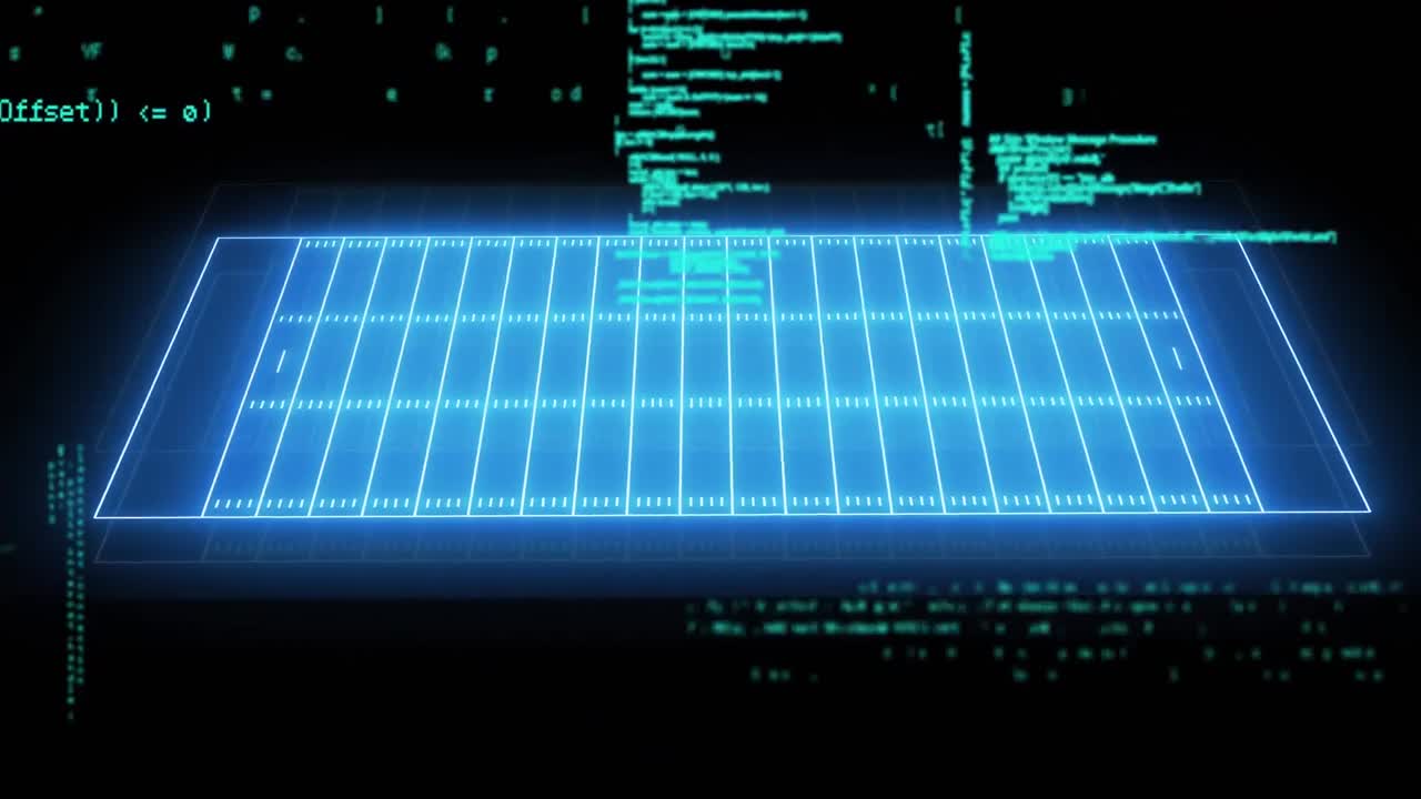 Animation of data processing over neon sport field plans on black background
