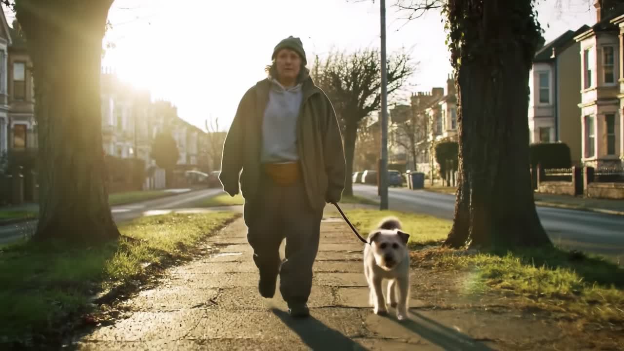 A Serene Morning Walk: A Person Strolls with Their Dog Along a Sunlit Path, Surrounded by Trees and Quiet Houses, Embracing the Calm of the Neighborhood