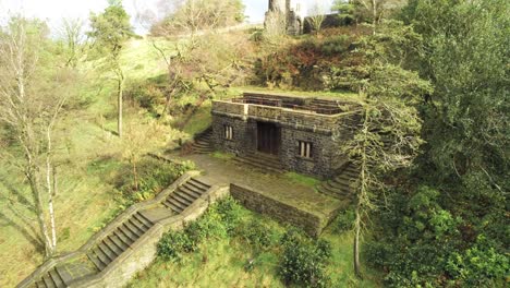 fairy tale rivington historic english terraced gardens landmark woodland ruins aerial pull back