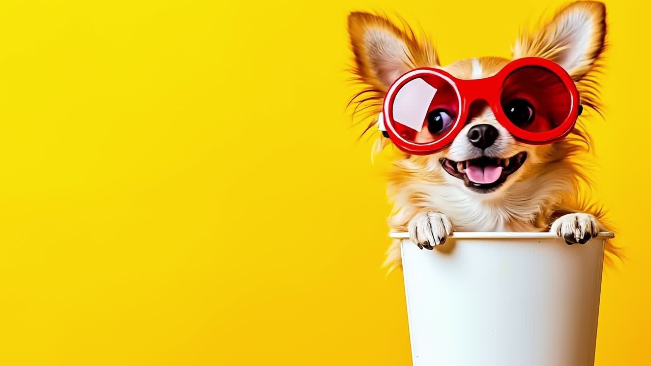 A small dog wearing red sunglasses peeking out of a white cup