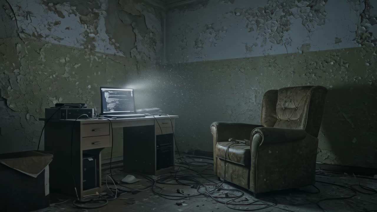 Broken chair and computer in a dimly lit abandoned room showcasing elements of neglect and solitude at an undisclosed location