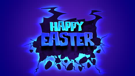 feliz texto de dibujos animados de pascua con salpicaduras de tinta sobre textura azul