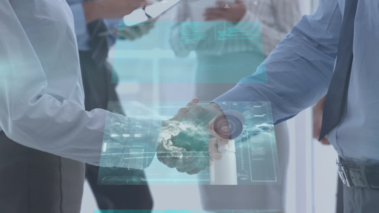 카우카스계 사업가들이 손을 흔드는 디지털 화면의 애니메이션