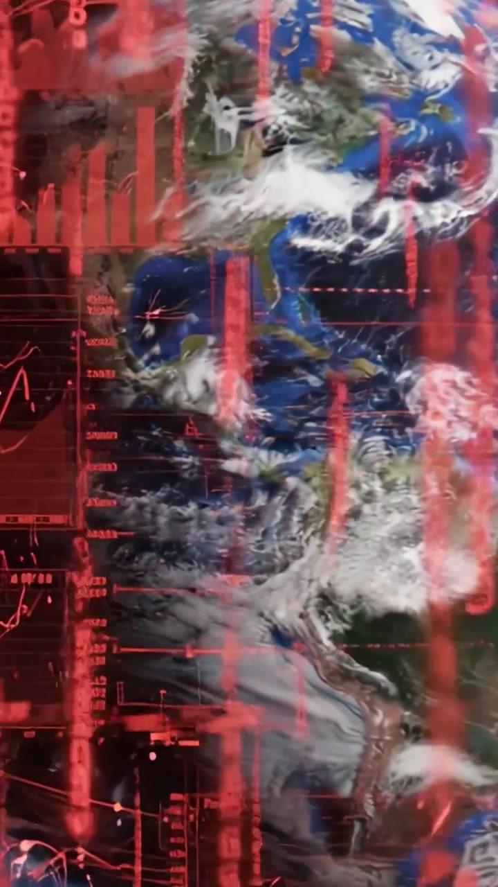 Visualizzazione dinamica della Terra con sovrapposizioni di dati che evidenziano tendenze e cambiamenti globali in un contesto futuristico.
