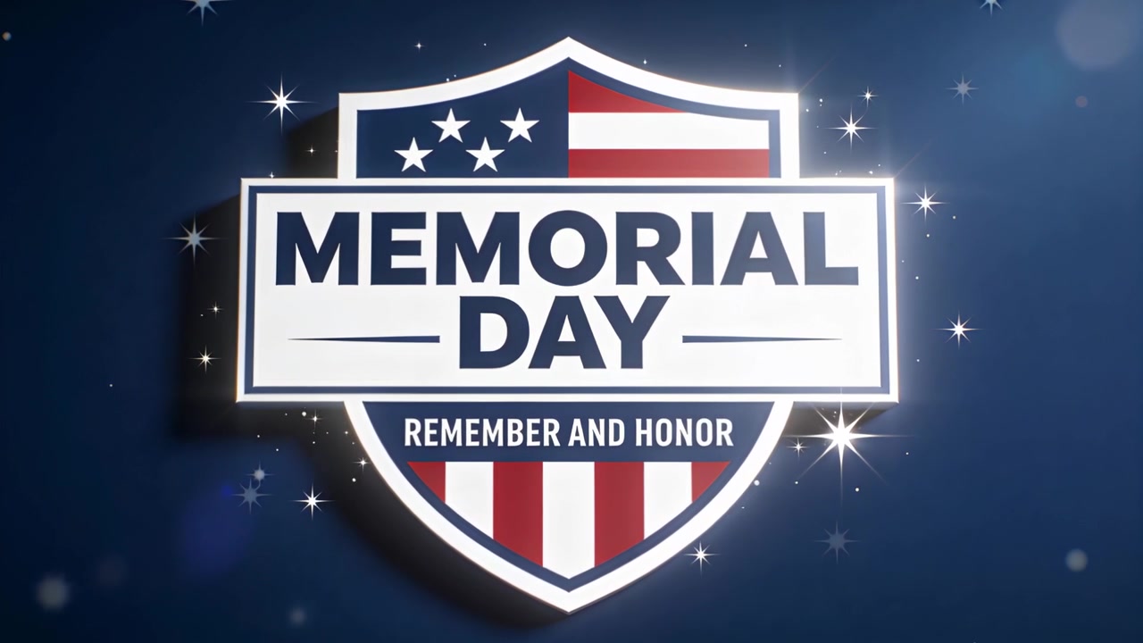 Starting shield MEMORIAL DAY emblem pulsing on navy flag ribbon REMEMBER AND HONOR honoring fallen