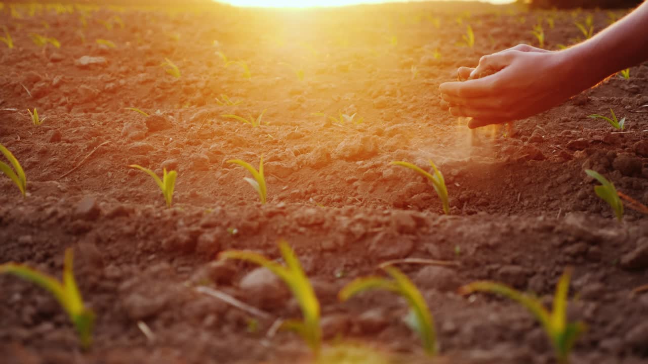 las manos del agricultor están probando el suelo en un campo con plántulas jóvenes de maíz