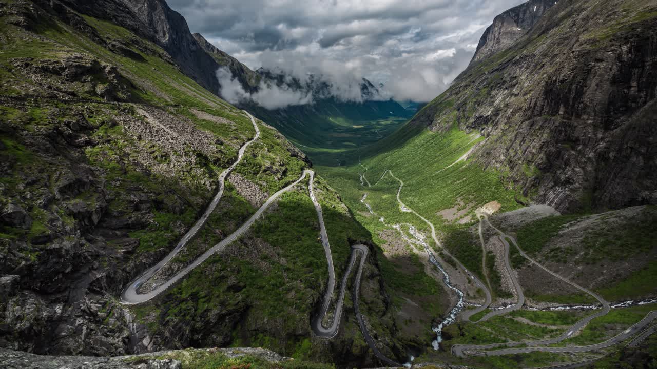 Timelapse Troll's Path Trollstigen or Trollstigveien winding mountain road.