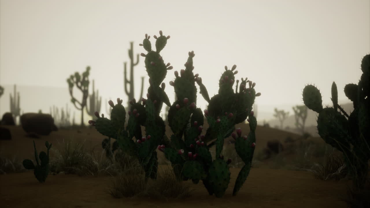 Cacti thrive under a soft mist on a quiet desert morning with gentle light