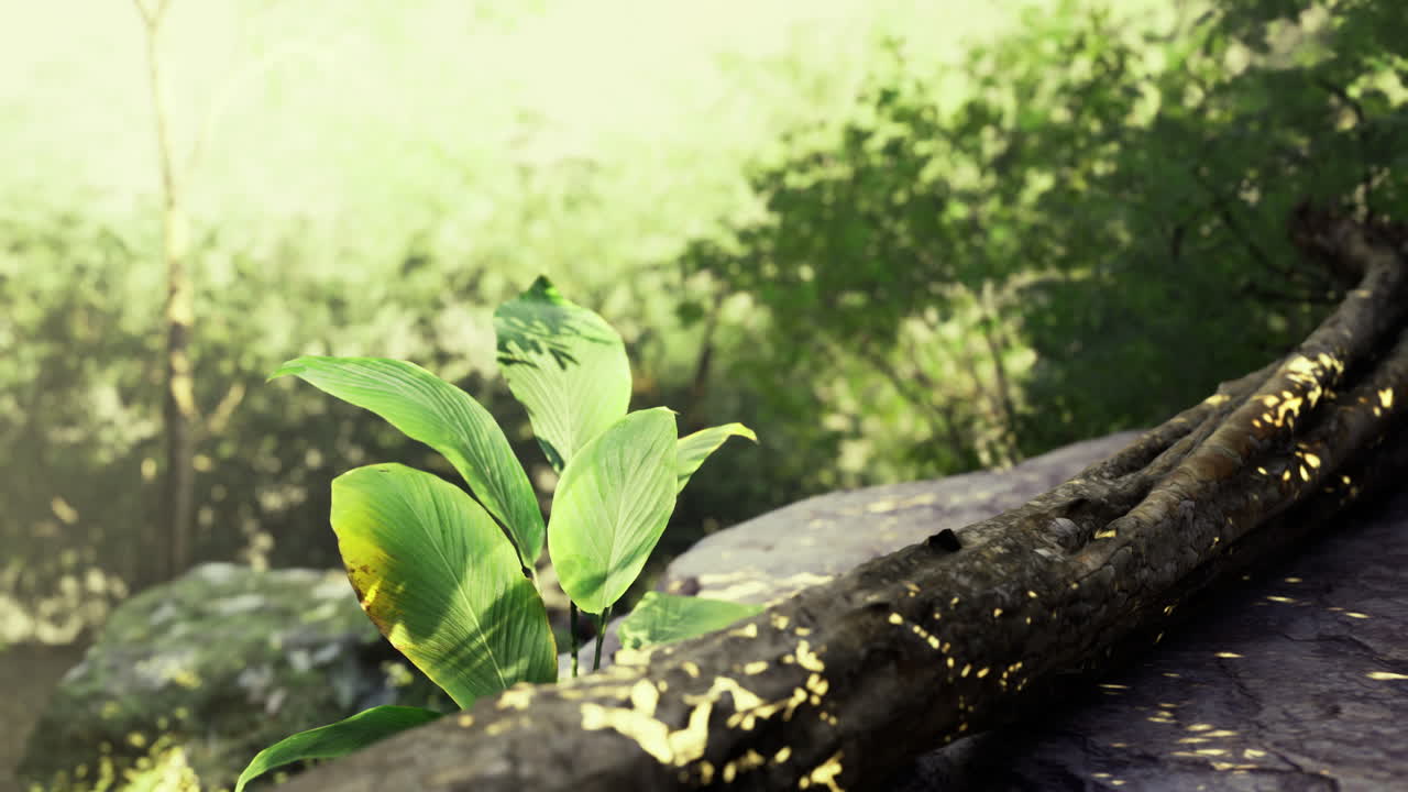 緑の葉が、活気に満ちた森の中で倒木近くに生い茂っています。