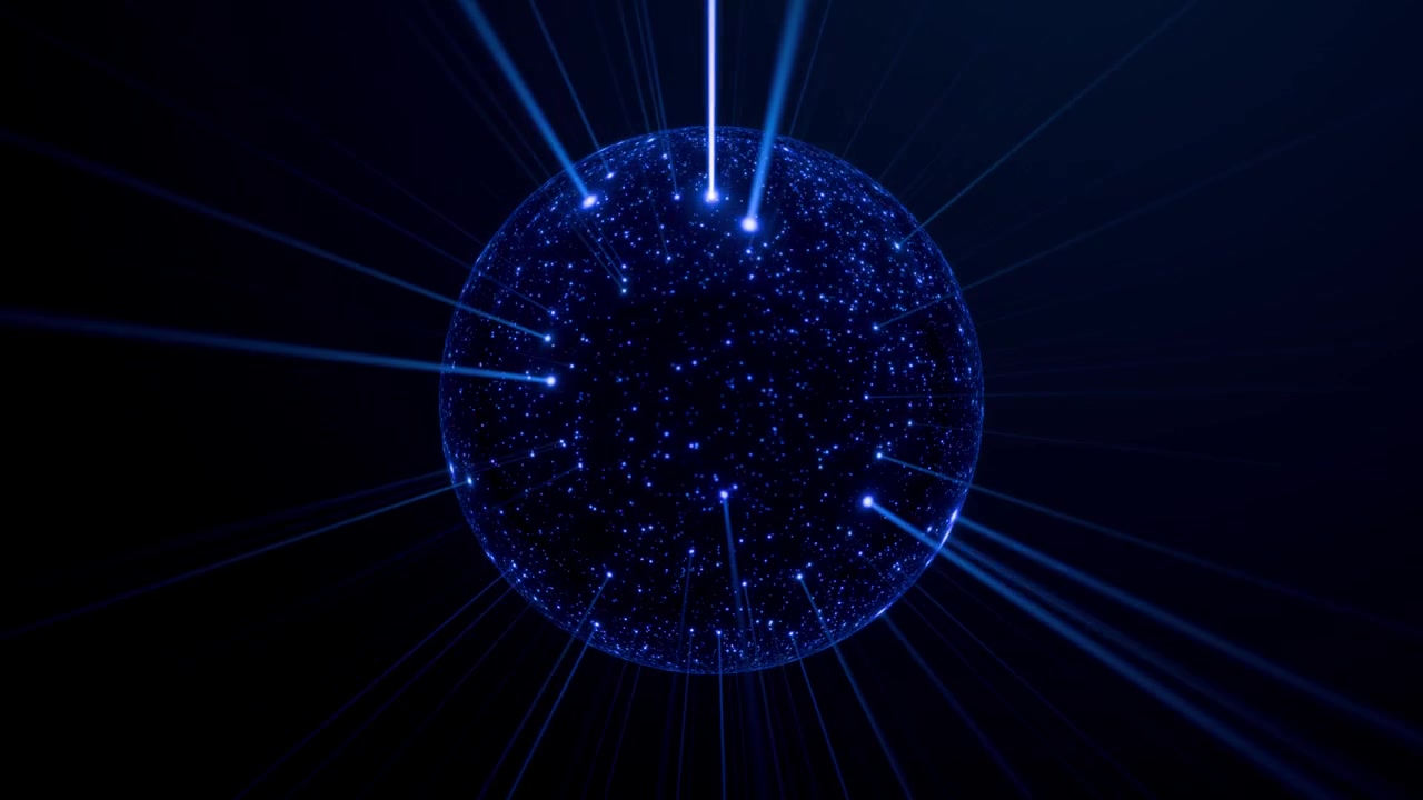 Abstract Glowing Blue Sphere with Radiating Digital Light Beams