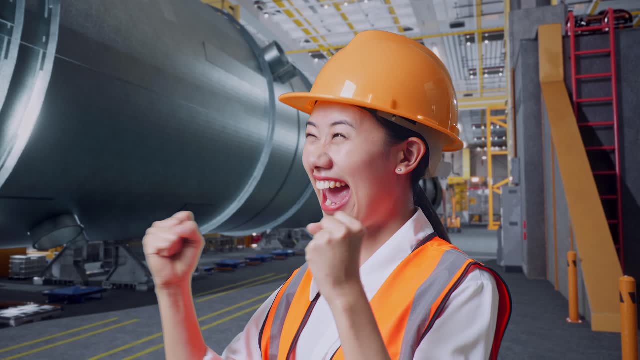 안전 헬을 착용한 아시아 여성 엔지니어가 파이프 제조 공장에서 일하는 것을 축하하는 목표를 외치고 있습니다.