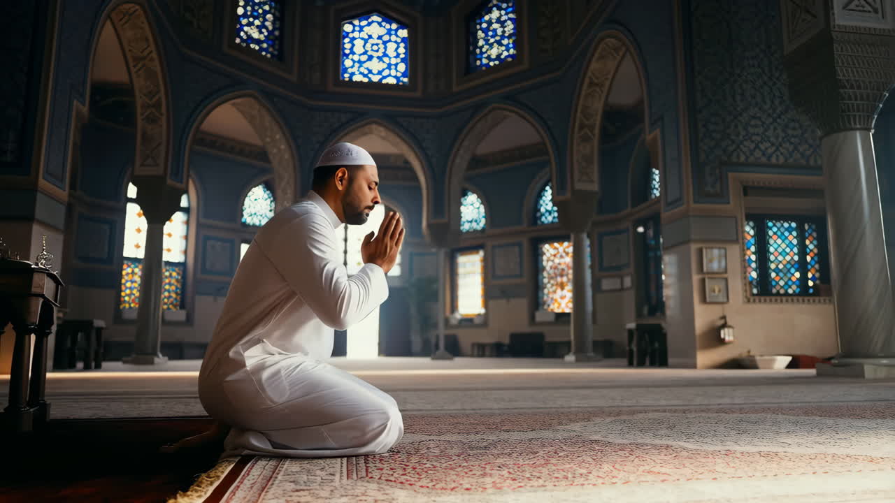 Muslim man praying in a grand mosque