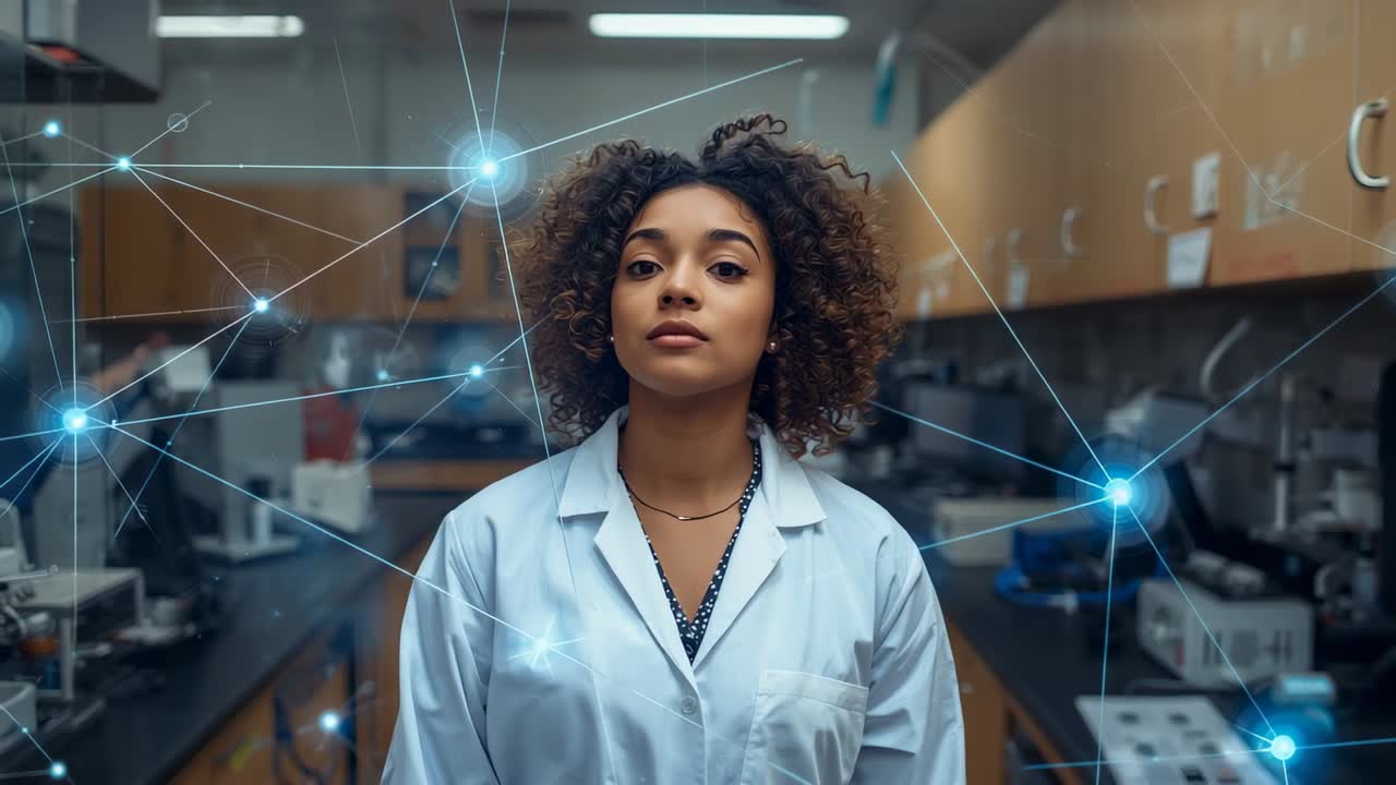 Female scientist standing in lab, sensing holographic network emerging around her for data analysis
