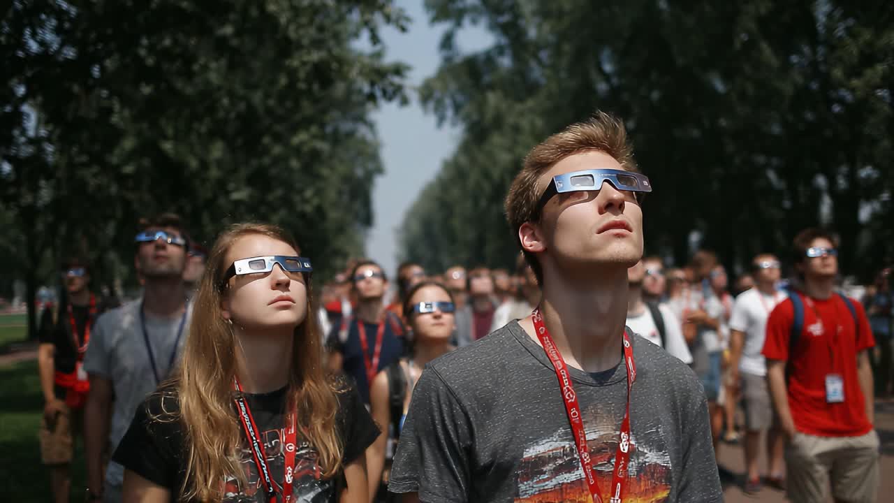 A Large Group of Enthusiastic People Wearing Eclipse Glasses Gazes Upwards in Anticipation of a Celestial Event Surrounded by Lush Green Trees on a Sunny Day