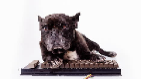 Dog hacker lying down with a keyboard hacking, studio footage