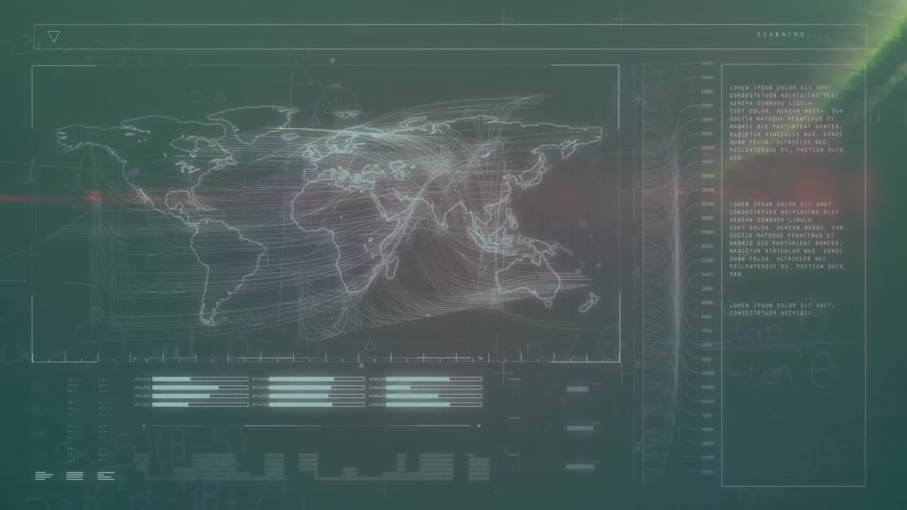 Animation of data processing and waves over globe on dark background
