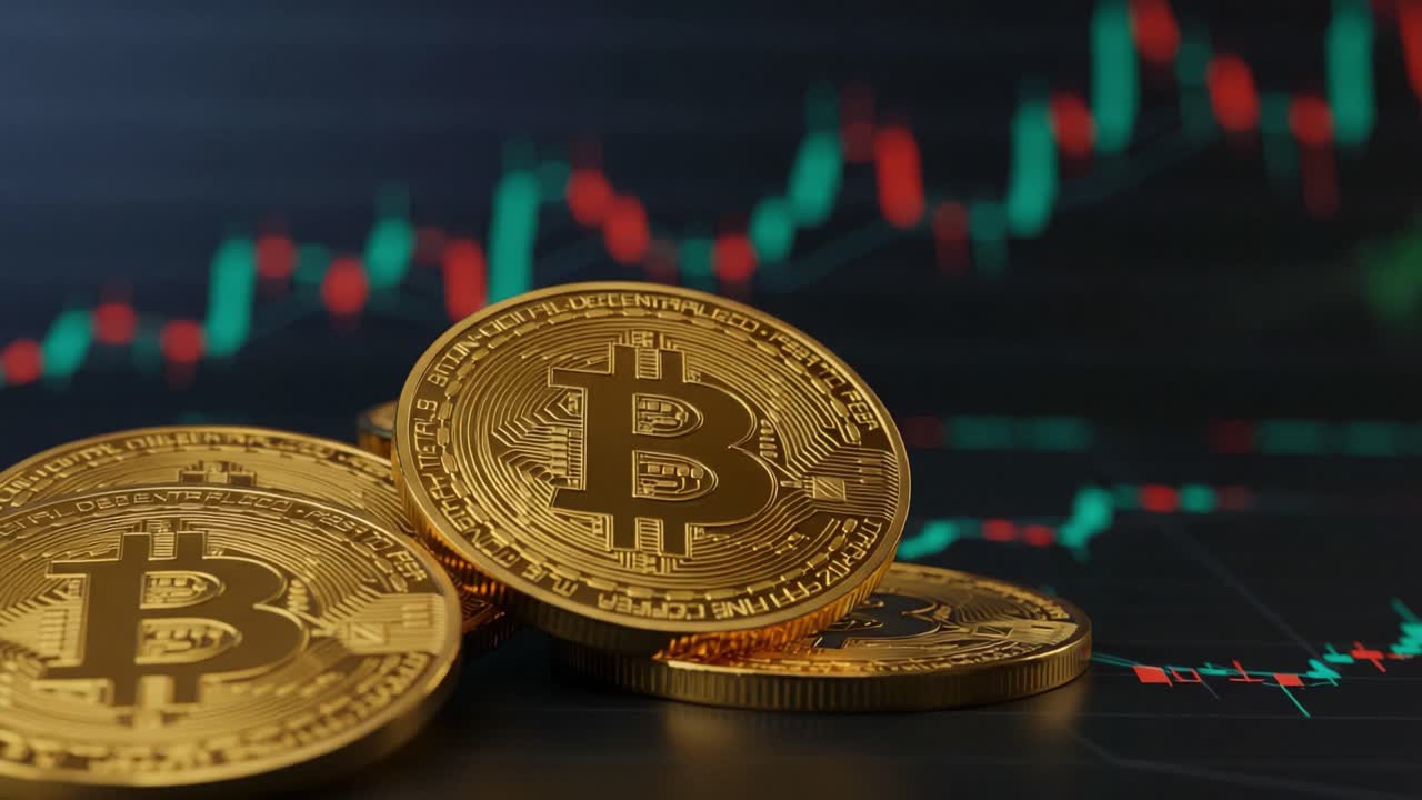 Exploring the Rise of Cryptocurrency: A Focus on Bitcoin with a Dynamic Financial Chart and Bright Golden Coins as Visual Representation