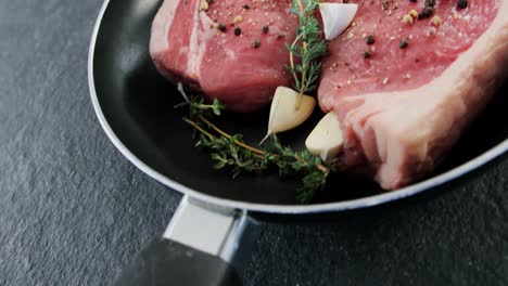 marinated steak and ingredients in the pan