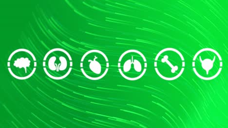 animation of multiple medical icons over wavy light trails against green gradient background