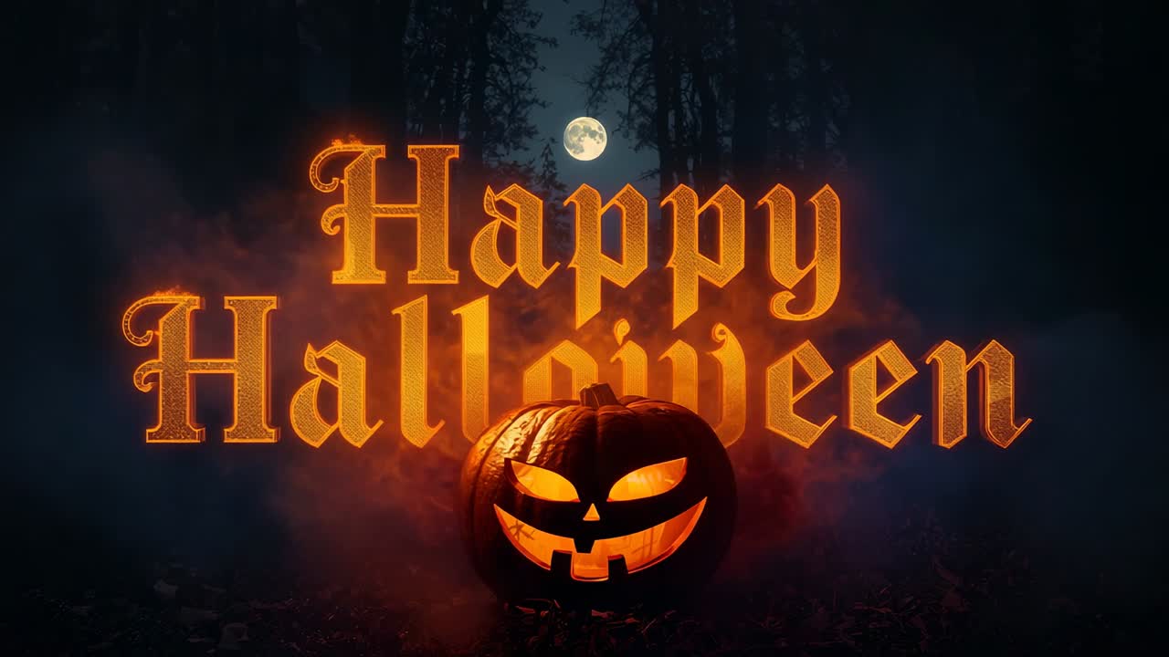 Opening misty clearing revealing fiery Happy Halloween text and pulsing pumpkin glow flickering