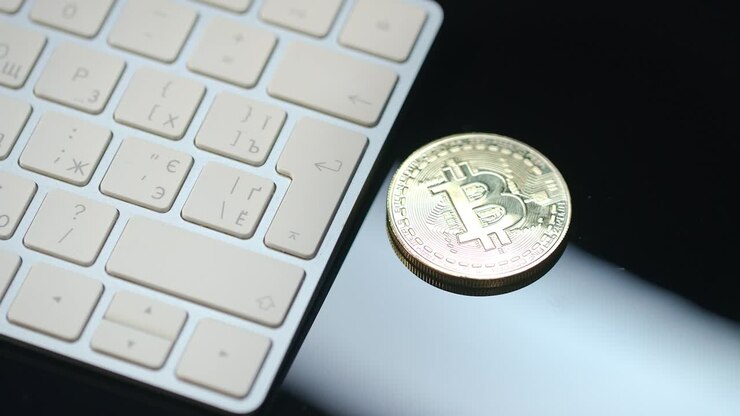 Portafoglio di criptovaluta virtuale. Monete Bitcoin ed Ethereum vicino alla tastiera.