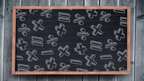 mathematical symbols on black board against wooden background