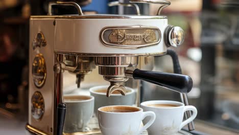 professional espresso machine pouring freshly brewed coffee into small white cups, creating a warm atmosphere in a cozy cafe, ready for enjoyment during breakfast or coffee breaks