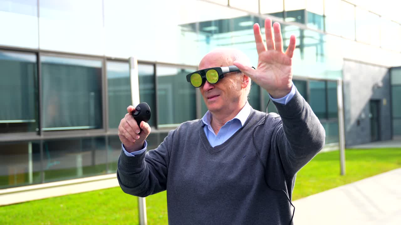 Man using augmented reality glasses outdoors