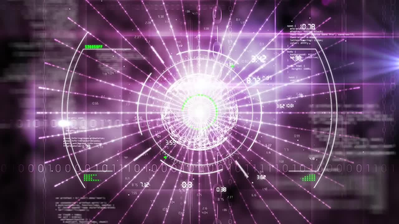 보라색 배경 위에서 스 ⁇  스캔과 데이터 처리의 애니메이션