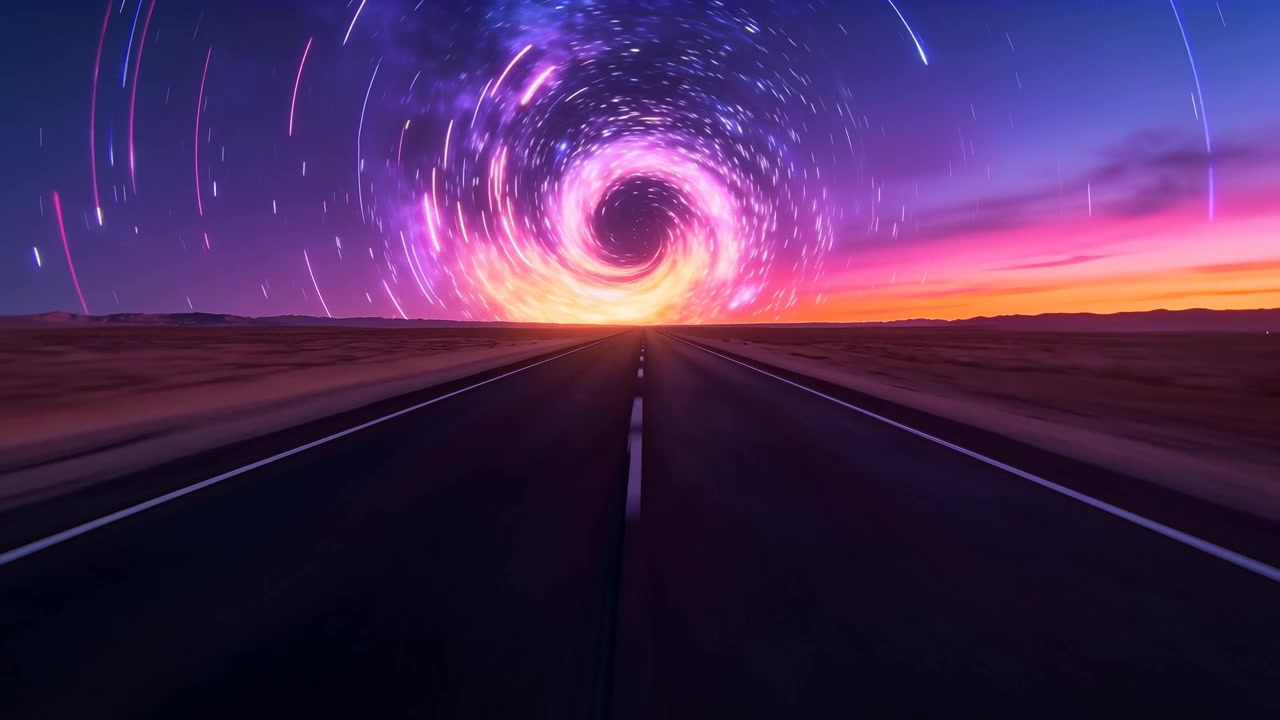 Una spirale magenta che appare e ruota all'orizzonte, una strada nel deserto che porta a un vortice e cattura l'attenzione.