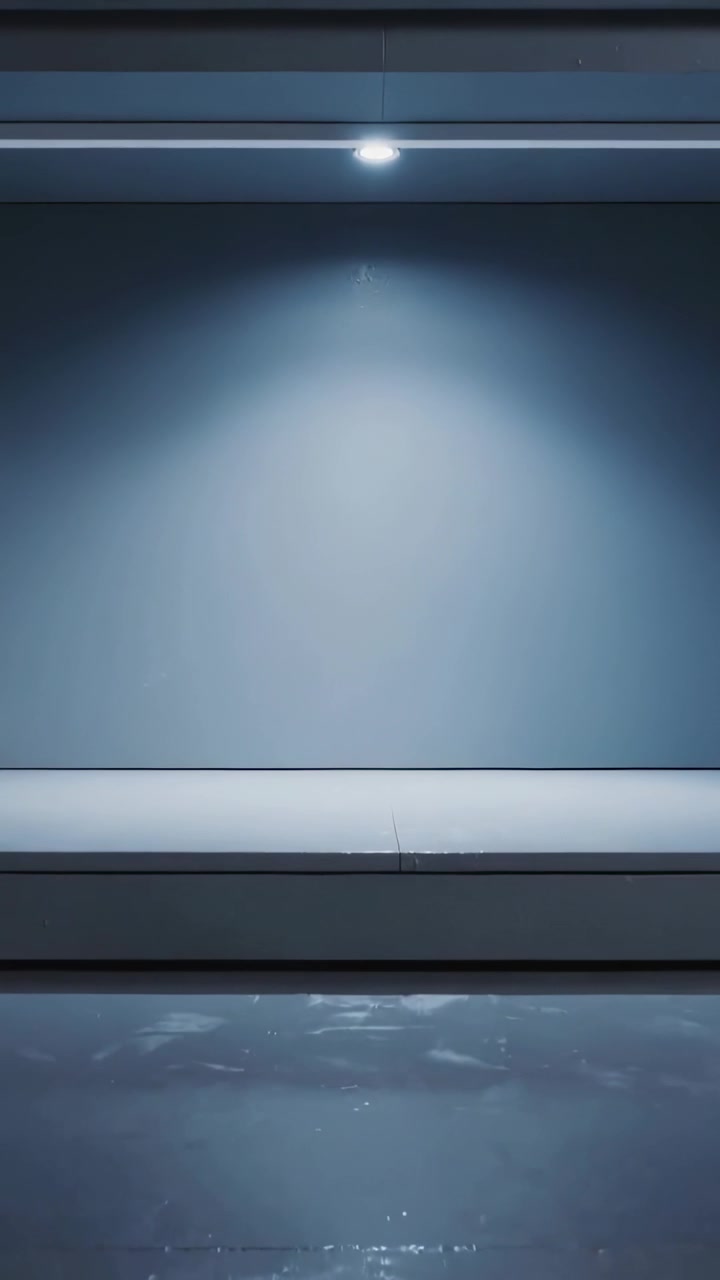 Vertical video: Shifting spotlight altering glow on studio platform, object entering from right
