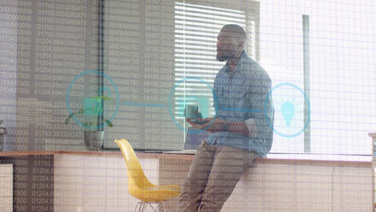 Adult man starting reaching phone, scrolling and sipping, taking business break with data overlay