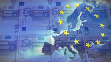 Animation-of-waving-eu-flag-and-map-against-close-up-of-euro-bills-in-seamless-pattern