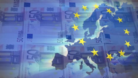 animation of waving eu flag and map against close up of euro bills in seamless pattern