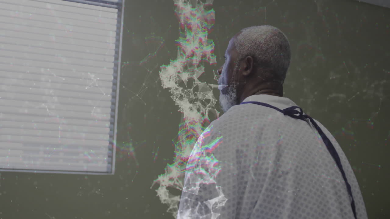 Animation of dna strand with connections over senior african american man in hospital
