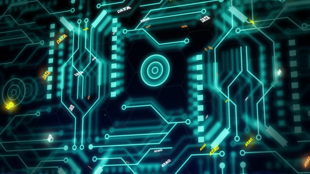 Tech circuit-board interface receiving data, lighting teal traces, guiding DATA tokens toward hub