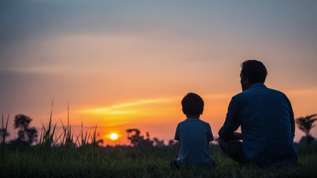A Heartwarming Moment of Reflection: A Father and Son Share a Beautiful Sunset, Bonding Over Nature's Splendor and Life’s Lessons in a Serene Landscape