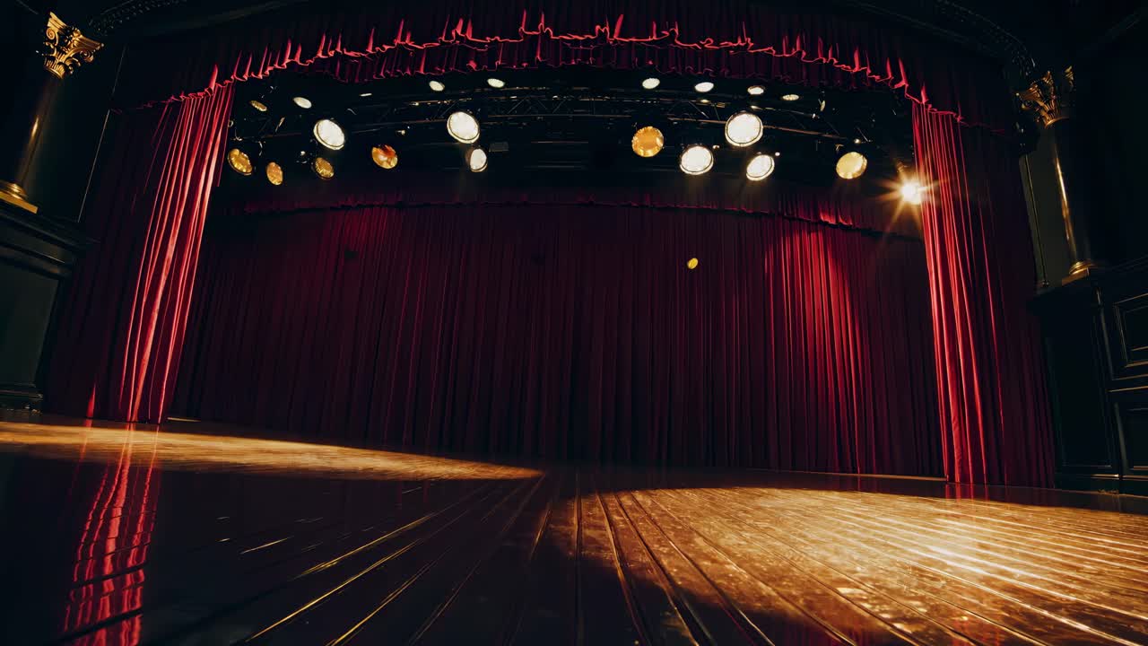 Weitwinkelaufnahme einer leeren Theaterbühne mit roten Vorhängen und warmer Beleuchtung, die eine Kinostimmung einfängt
