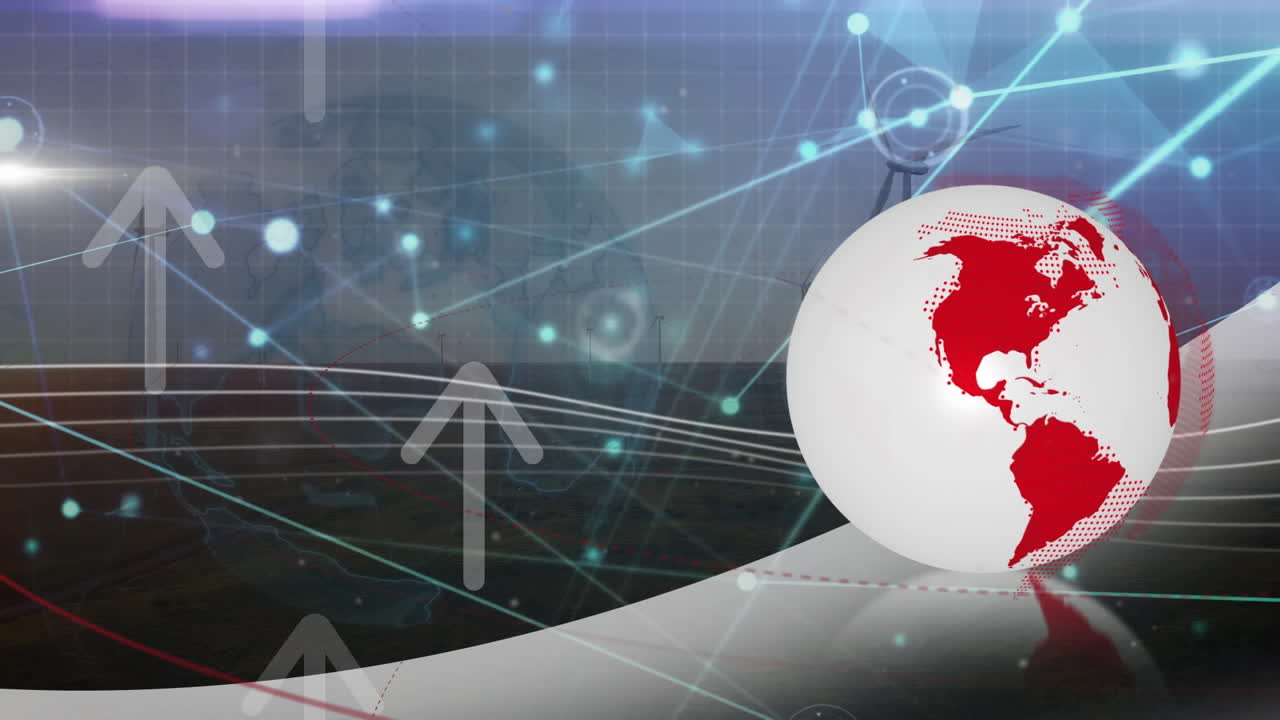 풍력 터빈 위의 화살표, 연결 및 지구의 애니메이션