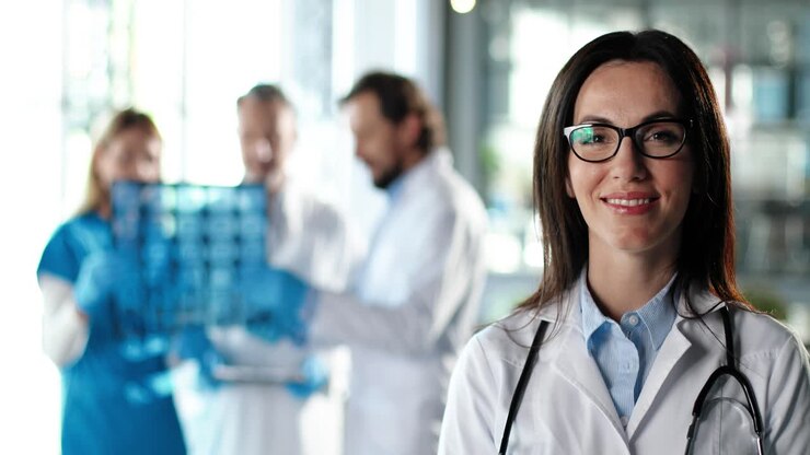 Retrato de médica guapa con gafas y bata blanca sonriendo a cámara.