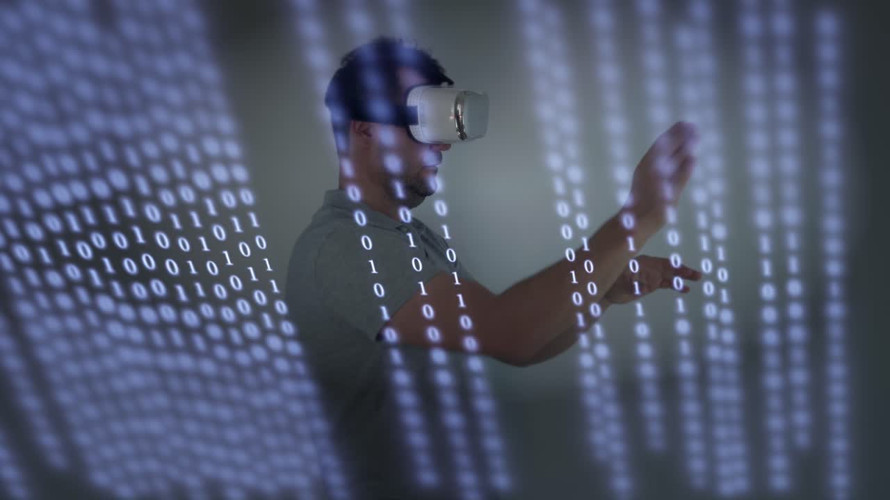 hombre con gafas de realidad virtual 3d ingresa datos