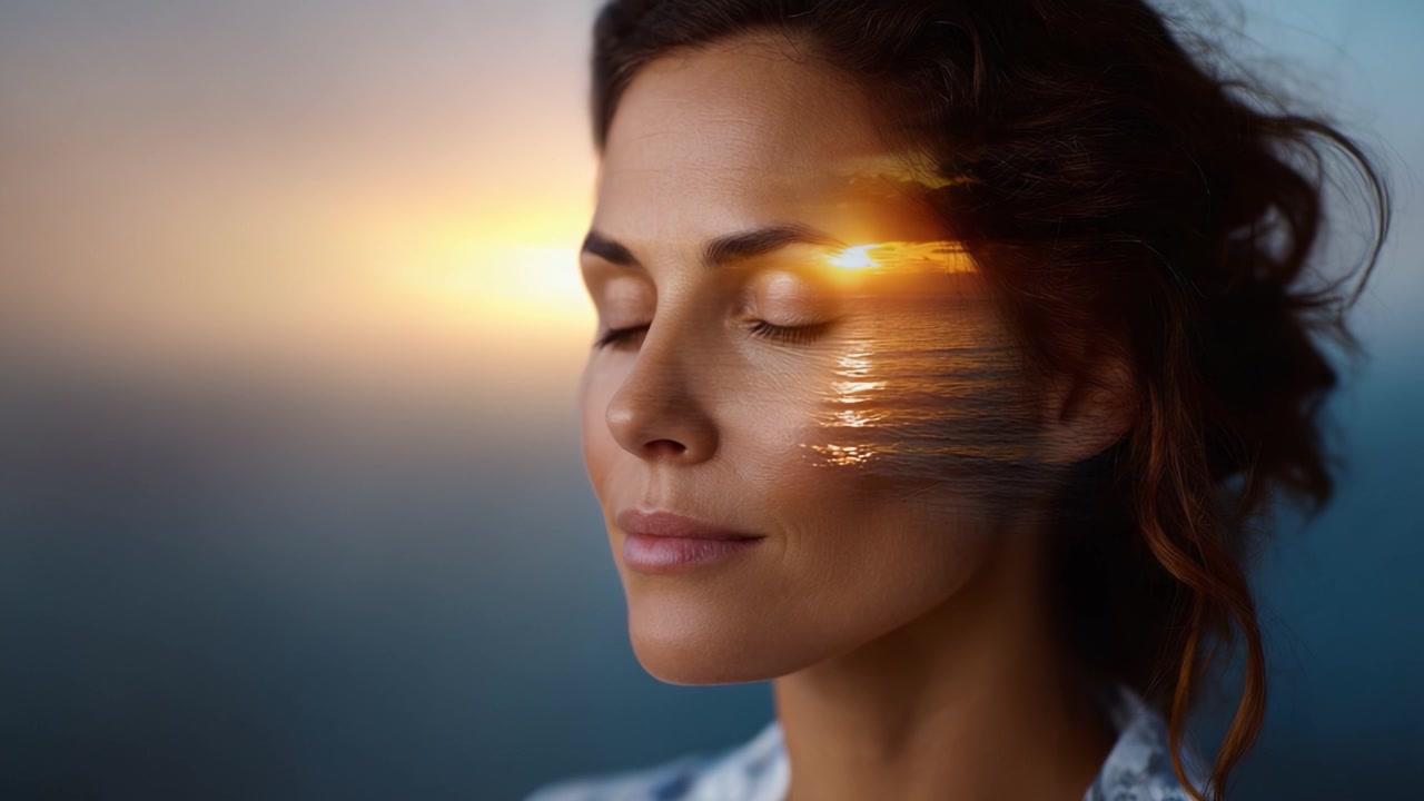 Um Momento Sereno de Reflexão: Capturando a Paz Interior com a Bela Combinação de um Pôr do Sol e um Mar Calmo na Mente de uma Mulher com Olhos Fechados.
