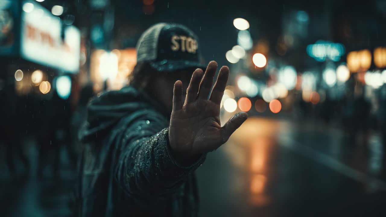 A figure standing in a rainy urban street, wearing a cap with the word 'STOP' emblazoned, raises a hand in defiance against the vibrant city nightlife illuminated by neon lights