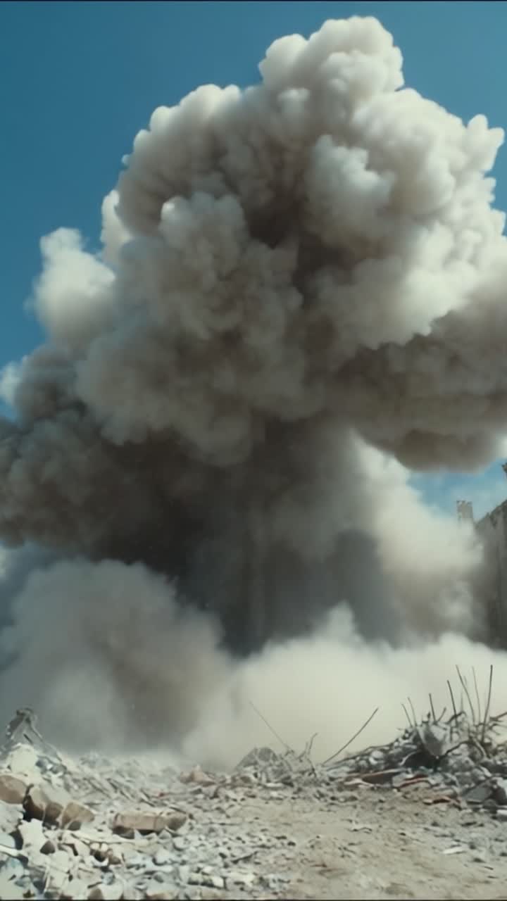 Massive Explosionswolken füllen den Himmel, Trümmer umgeben den Ort und zeigen die Zerstörungskraft sowie das zurückbleibende Chaos.