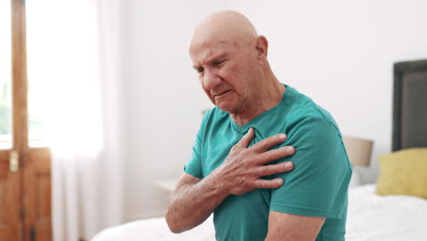 sick, senior man and heart attack with pain